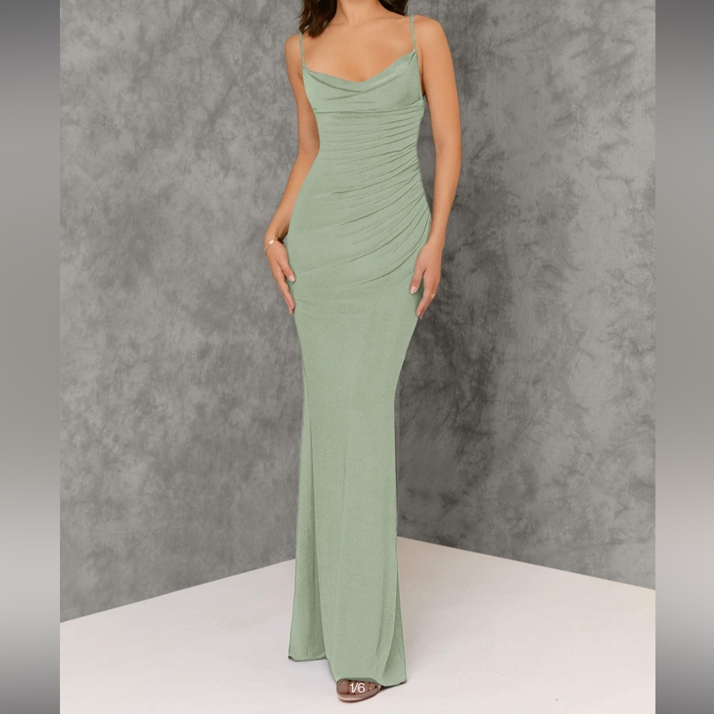 Azazie Green Cowl Neck Sleeveless Maxi Dress